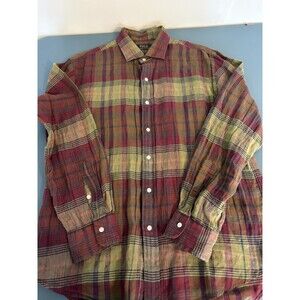 Polo Ralph Lauren Linen Shirt Large Multi Color Plaid Red Green Blue